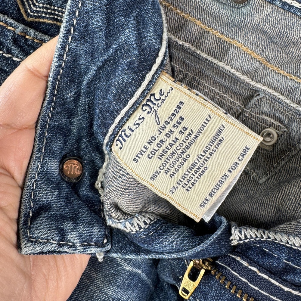 Miss Me Jeans Size 31 Blue Bootcut Distressed Rhinestone Cowhide Pocket Y2K FLAW - Picture 4 of 12
